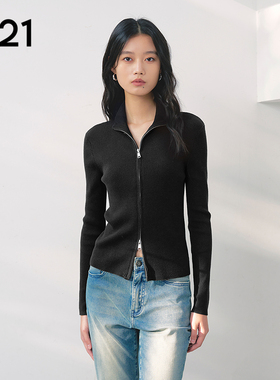 A21女装黑色修身显瘦毛针织衫拉链开衫长袖上衣