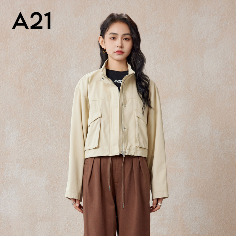 A21女装宽松立领落肩开胸风衣图片