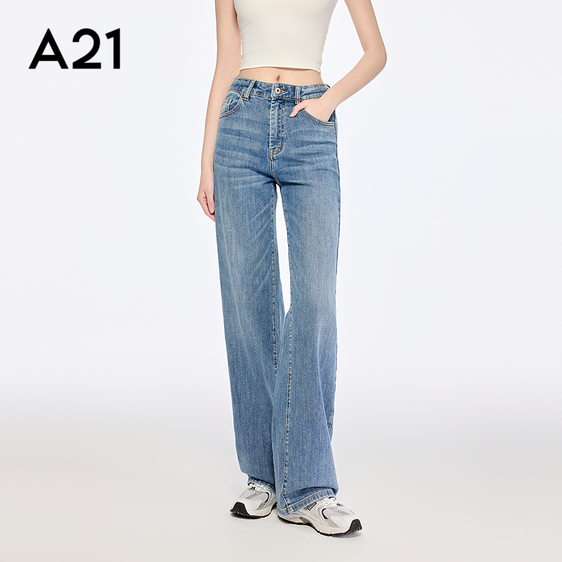 A21女装中蓝水洗薄款牛仔裤2025夏季新款简约直筒裤宽松高腰长裤