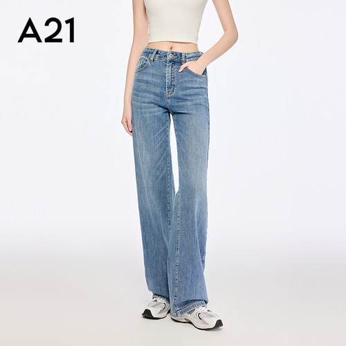 A21女装中蓝水洗薄款牛仔裤夏季新款简约直筒裤宽松高腰长裤
