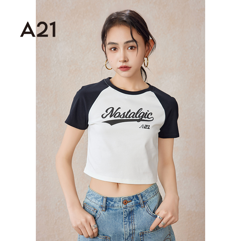 A21女装针织修身圆领插肩短袖T恤