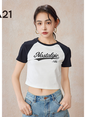 A21女装针织修身圆领插肩短袖T恤美式拼色学院风复古短款上衣女生