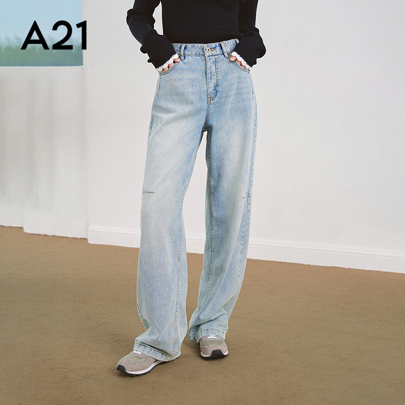A21浅中蓝宽松牛仔长裤