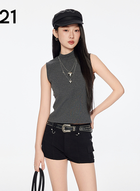 A21女装四色可选无袖立领T恤2025夏季新款简约设计感修身显瘦上衣