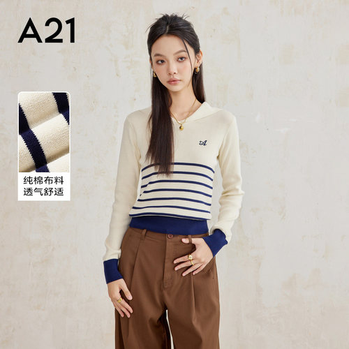 A21女装合体翻领落肩套头毛衫