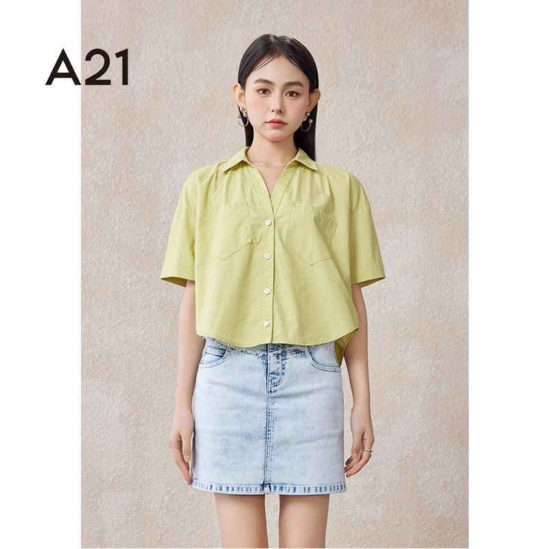 A21女装梭织落肩全开襟短袖衬衫
