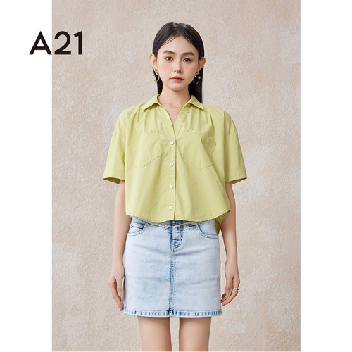 A21女装梭织落肩全开襟短袖衬衫