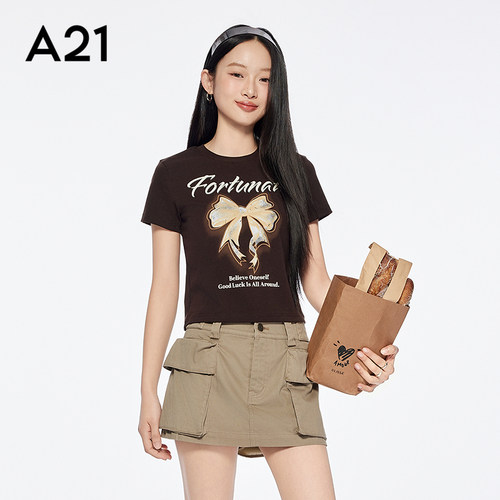 A21女装印花字母蝴蝶结圆领T恤简约短款修身短袖上衣