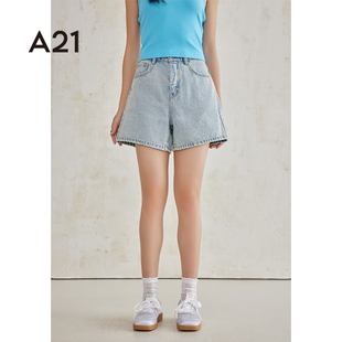 直筒牛仔短裤 新款 A21女装 2025夏季 子 纯棉水洗做旧美式 复古三分裤