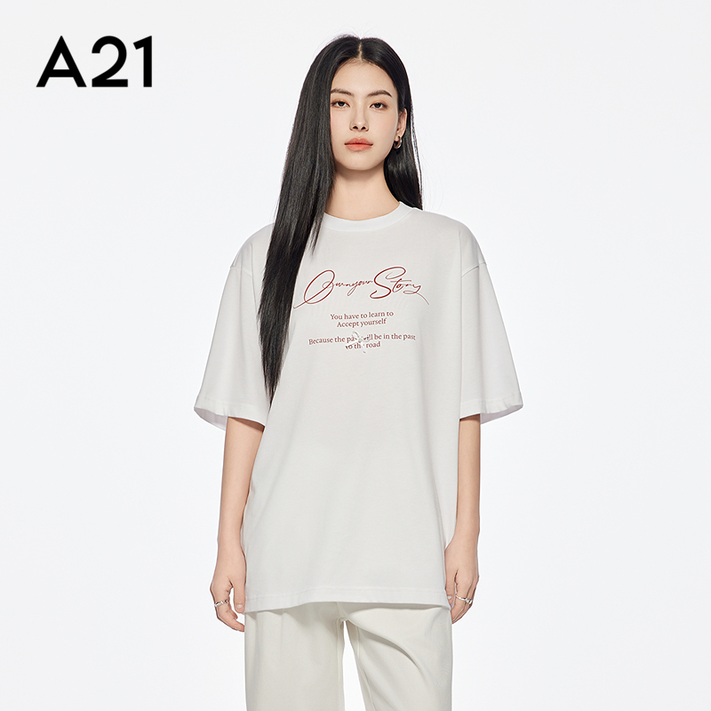 A21女装字母印花中长款T恤简约圆领落肩袖白色棉上衣百搭小众