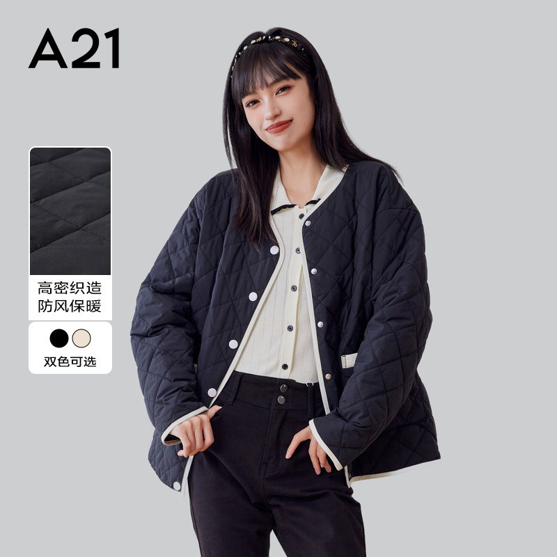 A21女装梭织宽松小落肩开胸薄短棉服设计感撞色小香风保暖外套,女装/女士精品,棉衣/棉服,淘宝优惠券,粉丝福利购,淘宝优惠卷