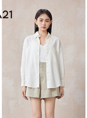 a21女装梭织宽松翻领落肩全开襟长袖衬衫高级感米白色简约衬衣