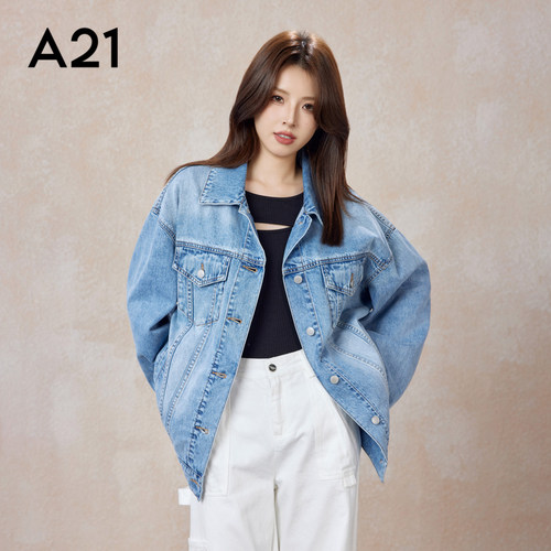 A21女装宽松翻领落肩开胸牛仔