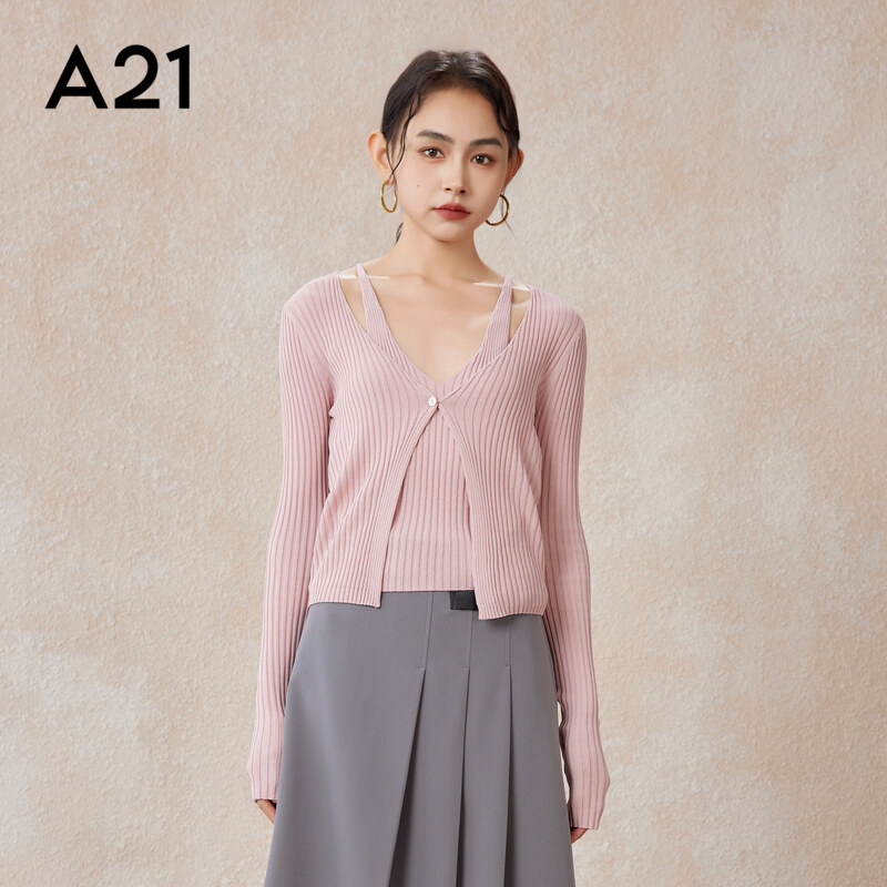 A21女装显瘦圆领假两件套头长袖线衫秋季辣妹休闲上衣,女装/女士精品,毛针织衫,淘宝优惠券,粉丝福利购,淘宝优惠卷