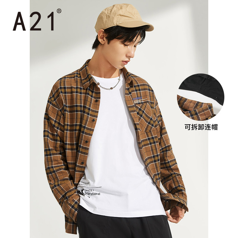 A21秋冬新款男装宽松连帽落肩长袖衬衫上衣时尚潮流格子衫男