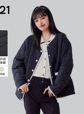 A21女装小香风薄短棉服春秋季宽松V领百搭排扣撞色简约外套通勤