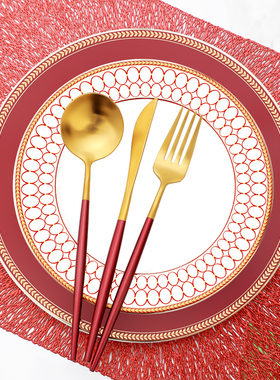 欧式红色盘子金边餐具牛排盘家用陶瓷西餐盘婚礼喜庆宴会摆盘过年