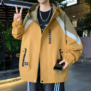 春秋季青少年港风潮流拼色夹克外套男帅气百搭学生冲锋衣连帽褂子