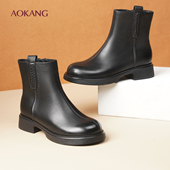 奥康 切尔西靴真皮加绒保暖女靴羊皮粗跟短靴马丁靴L 新款 女鞋 冬季