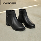 加绒保暖真皮妈妈棉鞋 奥康女鞋 冬季 中老年粗跟舒适侧拉链皮短靴女