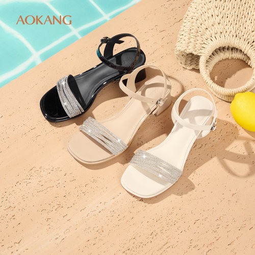 奥康 女鞋2026夏季新款水钻一字带凉鞋粗跟优雅配裙子门店发货