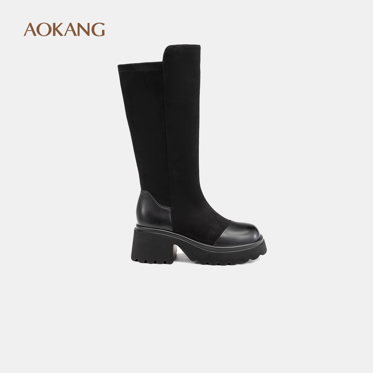 奥康女鞋拼接长筒时装女靴