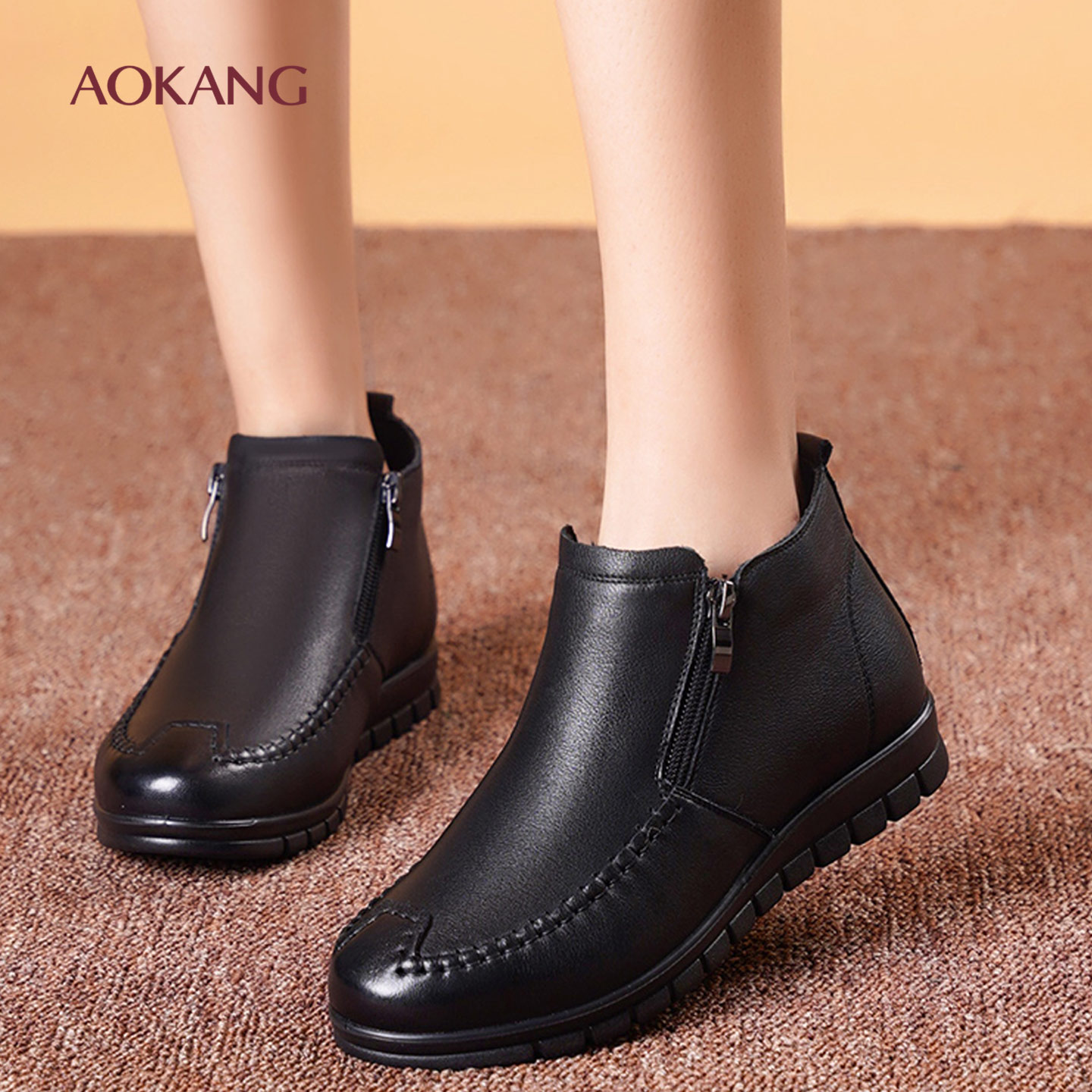 奥康 女鞋冬季舒适透气加绒保暖简约时尚潮流百搭真皮马丁靴L