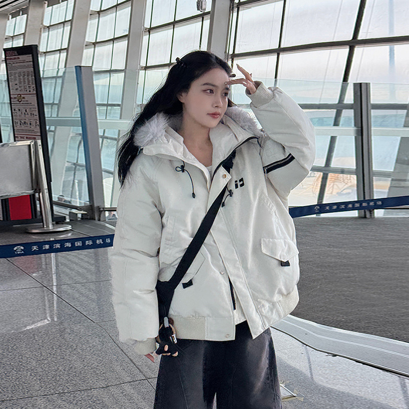 冬季户外加厚棉衣女美式复古服大毛领外套连帽短款羽绒棉服
