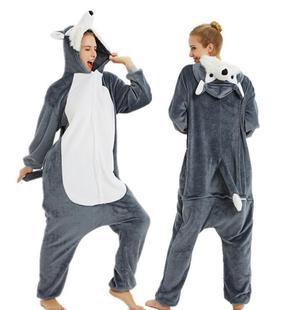 2019秋冬季 可爱哈士奇动物卡通连体睡衣法兰绒加厚男女珊瑚绒 长袖