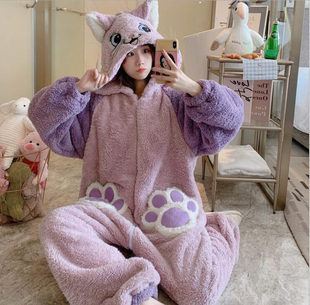 大脸猫卡通连体睡衣可爱兔子可爱甜美秋冬加厚珊瑚绒家居服学 韩版