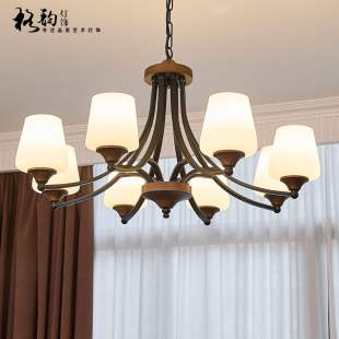 美式吊灯客厅餐厅卧室中古风原木灯饰复古风铁艺玻璃胡桃木色灯具