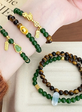 小财迷系列~中式小众设计天然黄虎眼石手串貔貅福禄葫芦元宝手链