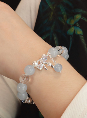 超仙蝴蝶结手链女小众设计ins森系蓝东陵水晶珠手串春夏新款设计