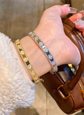 镂空满钻微镶花朵手镯高级感新款轻奢小众大气四叶草手环手饰