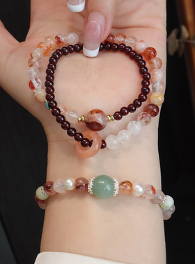 天然红胶花水晶手链石榴石双圈圆珠串珠手饰百搭设计水晶手串