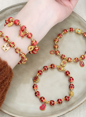 过年红色喜庆中国风古法铜銮金弹力串珠手链寺庙文创葫芦蝴蝶手串