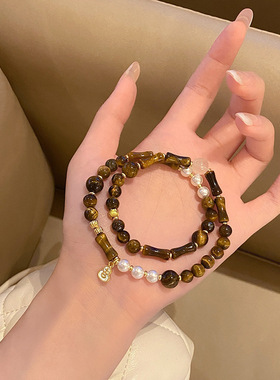 节节高升~新中式文艺复古黄虎眼石双圈手链轻奢葫芦竹节招财手串