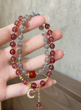 新中式甜美清新双圈草莓晶灰月光拉长石手链轻奢高级感月亮手串