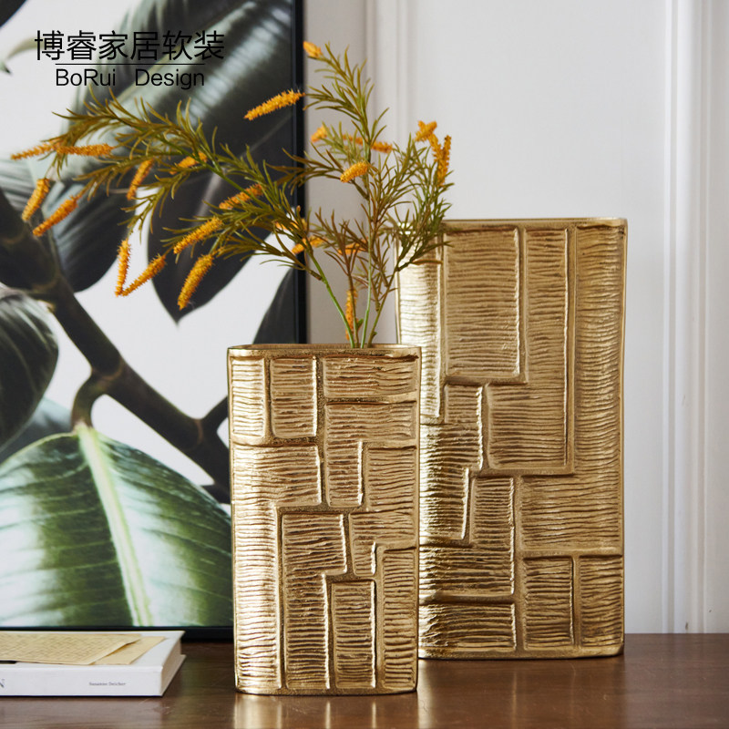 轻奢铝客厅金色扁形花瓶装饰品