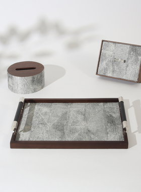 现代简约意大利进口金丝布胡桃木收纳盒托盘纸巾盒香薰组合装饰品