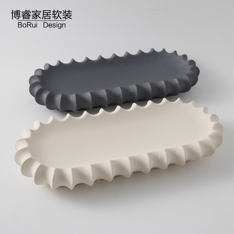 简约现代样板间酒店桌面茶几托盘摆件几何椭圆形长果盘糕点装饰盘