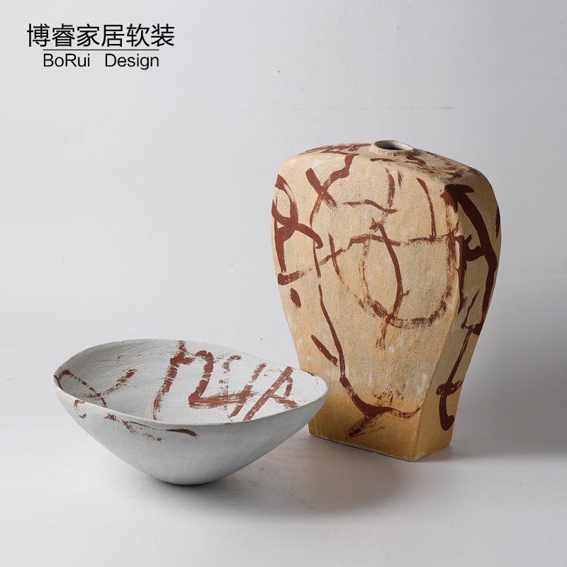 新中式手绘小口陶瓷花器摆件托盘果盘花盆装饰品样板房家居插干花