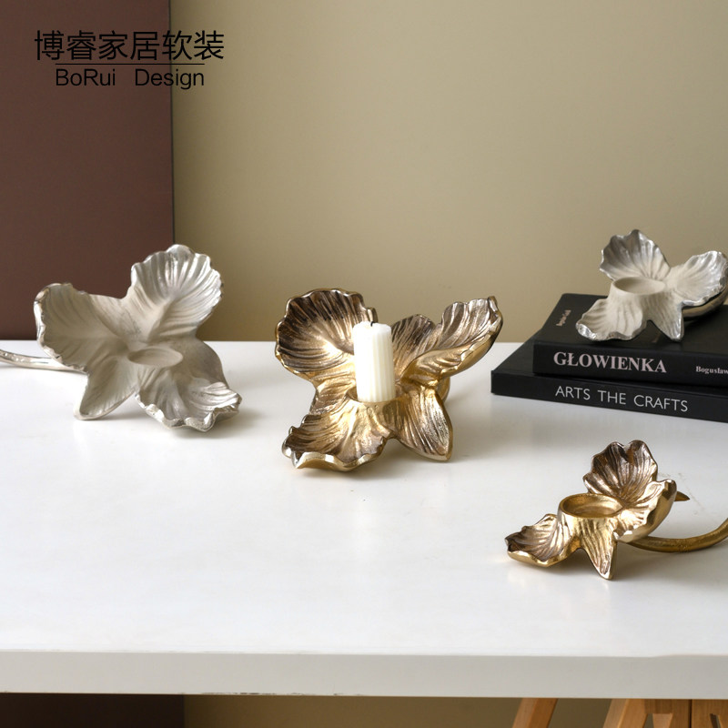 印度进口金银色花型铝制烛台摆件家居客厅餐桌样板间蜡烛台装饰品