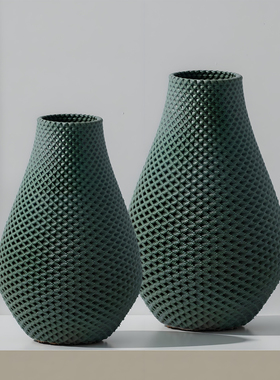 绿色花瓶现代轻奢陶瓷花器编织纹3D打印干花插客厅玄关装饰品摆件