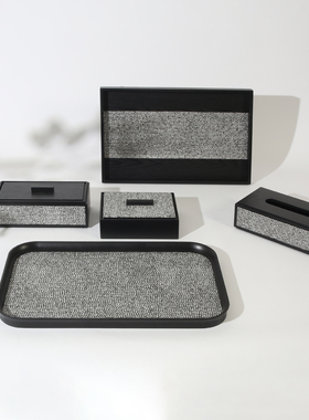 现代简约意大利进口布黑白纹实木收纳盒托盘纸巾盒桌面装饰品摆件