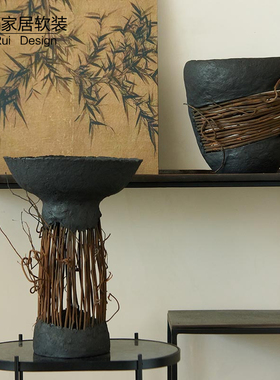 摆件玄关黑色镂空果碗装饰品花器