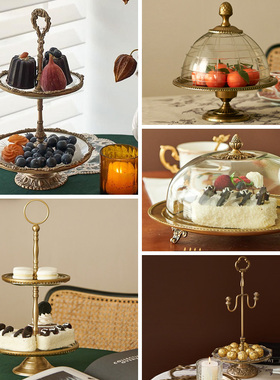 黄铜甜品盘餐厅双层蛋糕架玻璃罩