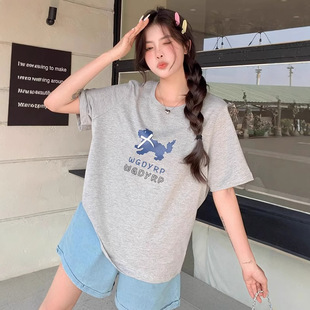 大码 体恤胖MM宽松显瘦上衣 微胖设计感印花正肩T恤女夏季 圆领短袖