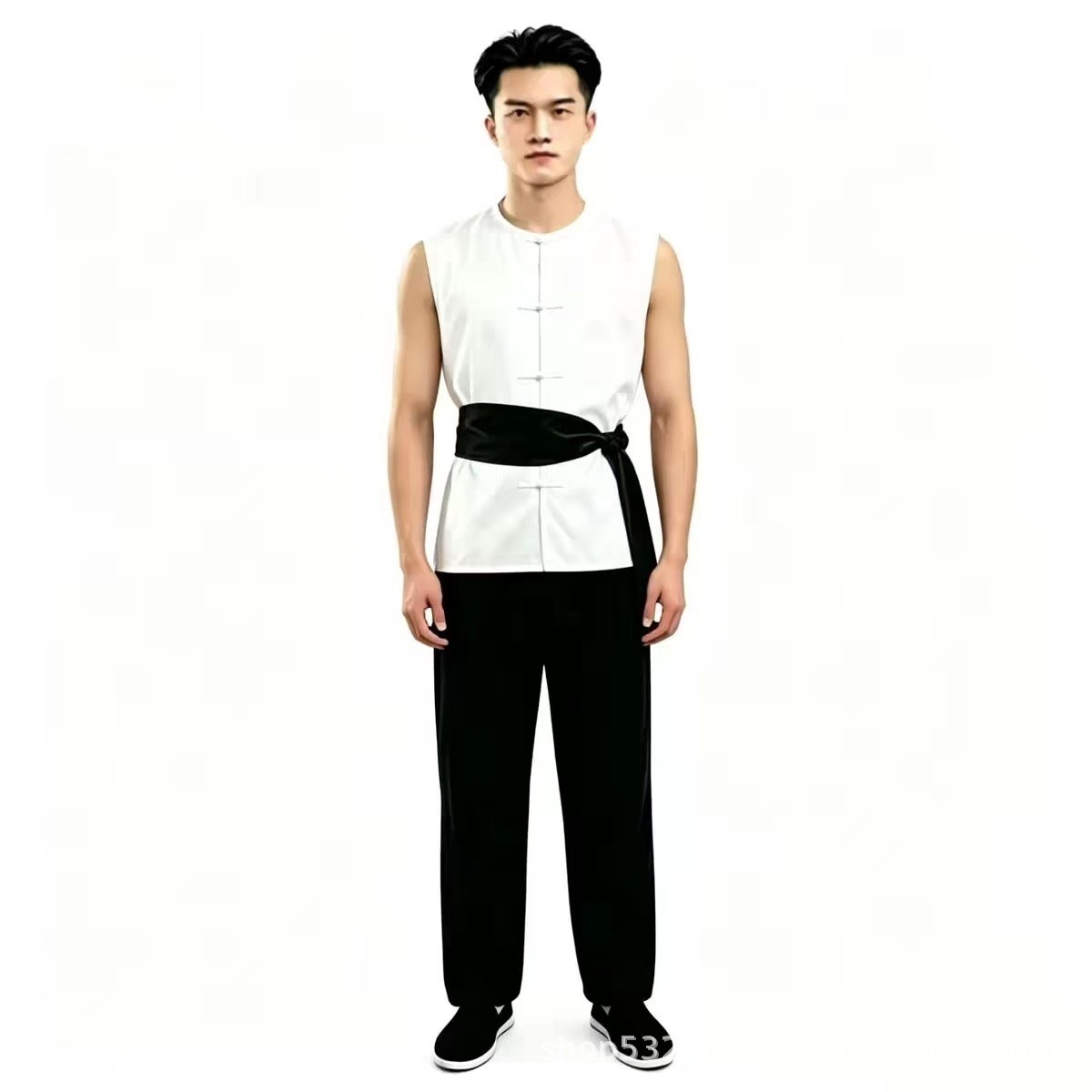 2026夏季男士白色盘扣无袖套装演出服民族服装舞台装腰带男装中式