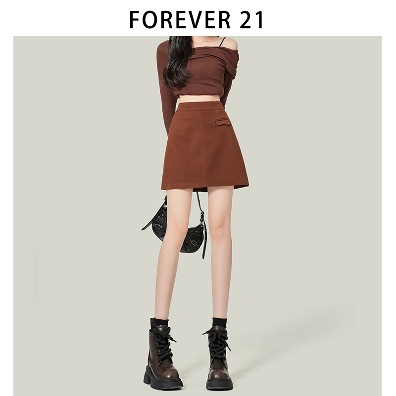 Forever 21毛呢半身裙女秋新款咖啡色复古显瘦高腰包臀显瘦短裙子